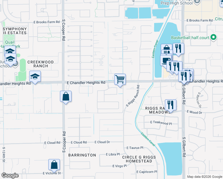 map of restaurants, bars, coffee shops, grocery stores, and more near 2362 E. Nolan Pl. in Chandler
