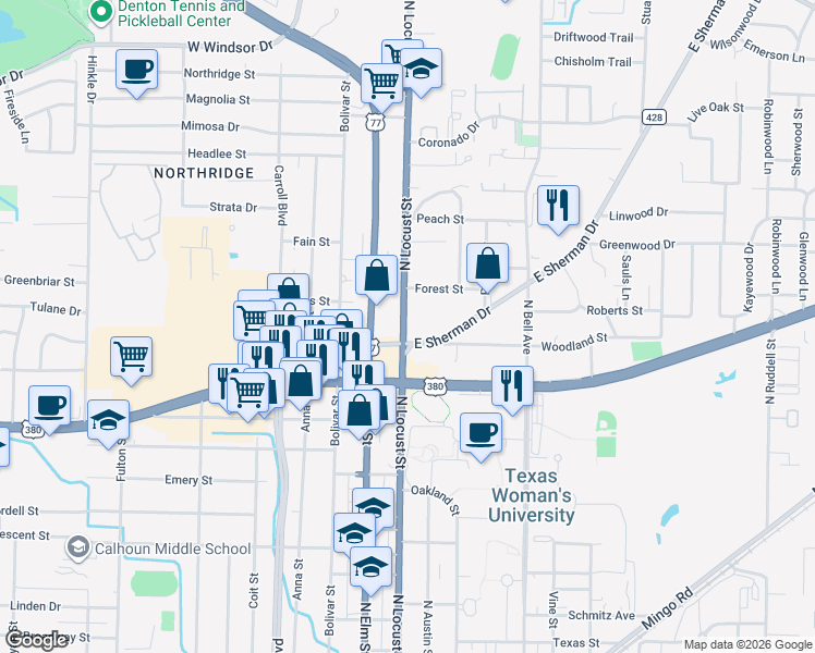map of restaurants, bars, coffee shops, grocery stores, and more near 2009 North Locust Street in Denton