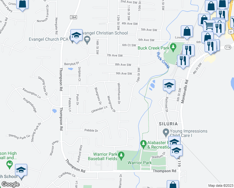 map of restaurants, bars, coffee shops, grocery stores, and more near 133 Winterhaven Drive in Alabaster