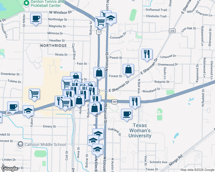 map of restaurants, bars, coffee shops, grocery stores, and more near 2009 North Locust Street in Denton