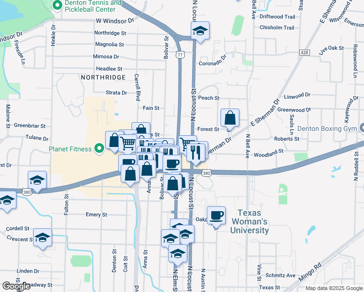 map of restaurants, bars, coffee shops, grocery stores, and more near 2009 North Locust Street in Denton
