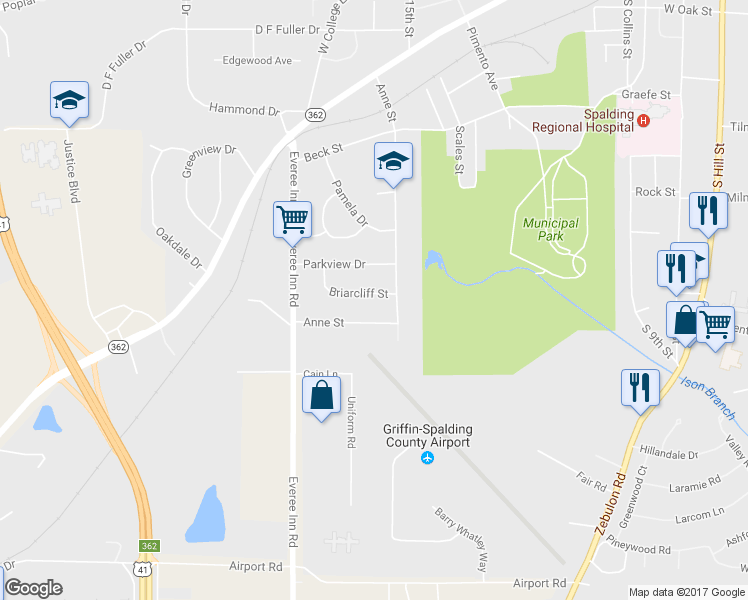 map of restaurants, bars, coffee shops, grocery stores, and more near 1108 Briarcliff Street in Griffin