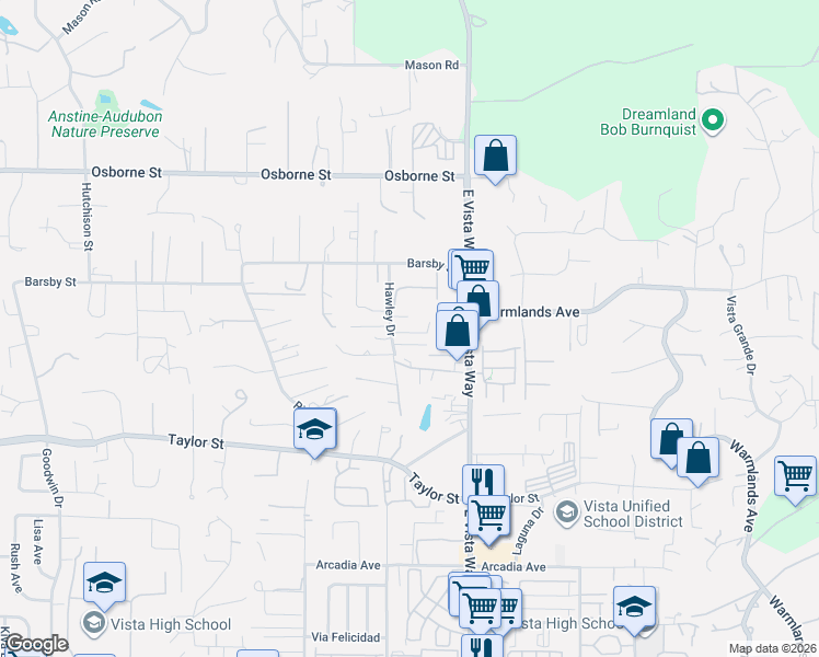 map of restaurants, bars, coffee shops, grocery stores, and more near 2173 Hawley Drive in Vista