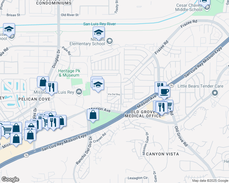 map of restaurants, bars, coffee shops, grocery stores, and more near 4126 Via Del Rey in Oceanside