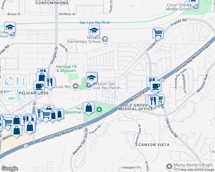 map of restaurants, bars, coffee shops, grocery stores, and more near 4130 Via Del Rey in Oceanside