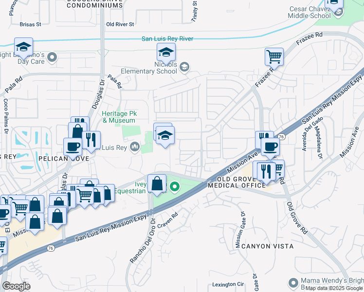 map of restaurants, bars, coffee shops, grocery stores, and more near 4104 Via Del Rey in Oceanside