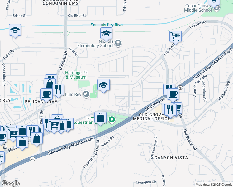 map of restaurants, bars, coffee shops, grocery stores, and more near 4104 Via Del Rey in Oceanside