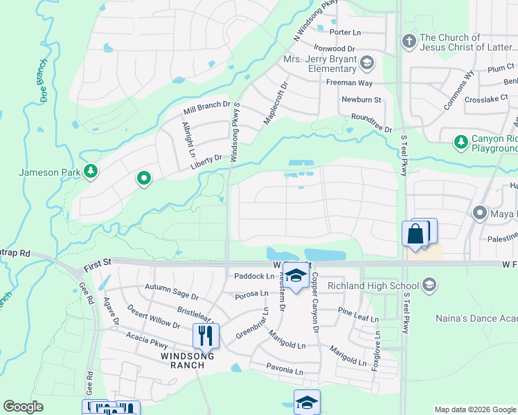 map of restaurants, bars, coffee shops, grocery stores, and more near 4211 Dewberry Lane in Prosper