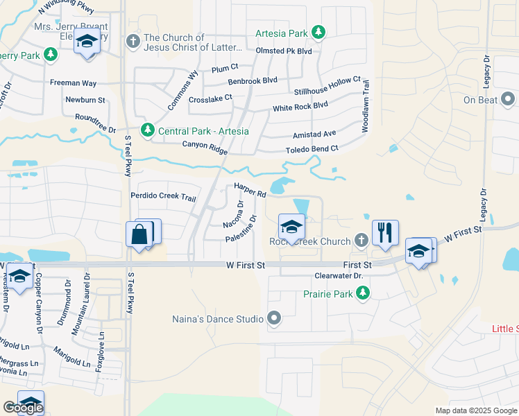 map of restaurants, bars, coffee shops, grocery stores, and more near 1424 Palestine Drive in Prosper