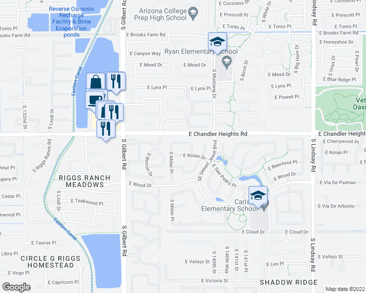 map of restaurants, bars, coffee shops, grocery stores, and more near 3331 East Cherrywood Place in Chandler