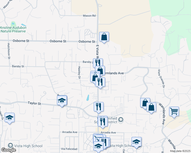 map of restaurants, bars, coffee shops, grocery stores, and more near 2112 East Vista Way in Vista