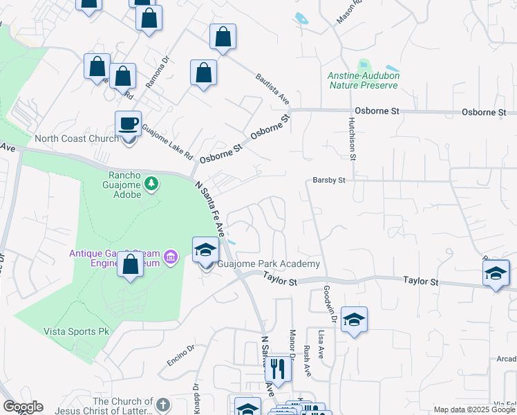 map of restaurants, bars, coffee shops, grocery stores, and more near 345 Paseo Marguerita in Vista