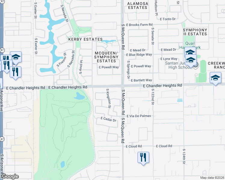 map of restaurants, bars, coffee shops, grocery stores, and more near 950 East Cherrywood Place in Chandler