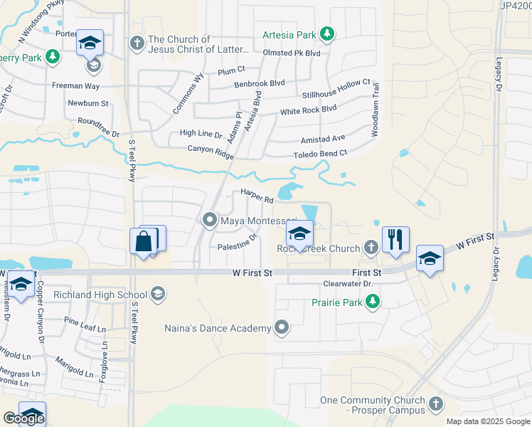 map of restaurants, bars, coffee shops, grocery stores, and more near 1424 Palestine Drive in Prosper