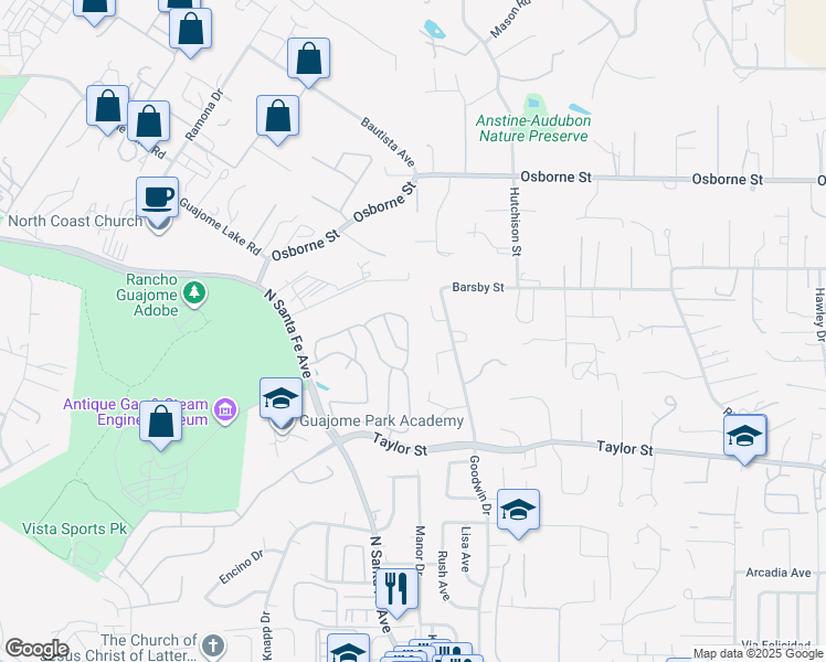 map of restaurants, bars, coffee shops, grocery stores, and more near 2033 Paseo De Anza in Vista