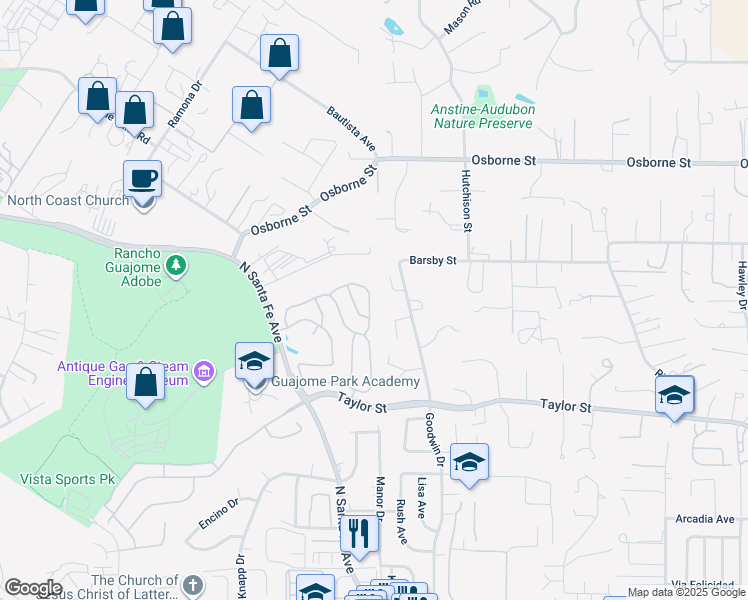 map of restaurants, bars, coffee shops, grocery stores, and more near 2033 Paseo De Anza in Vista