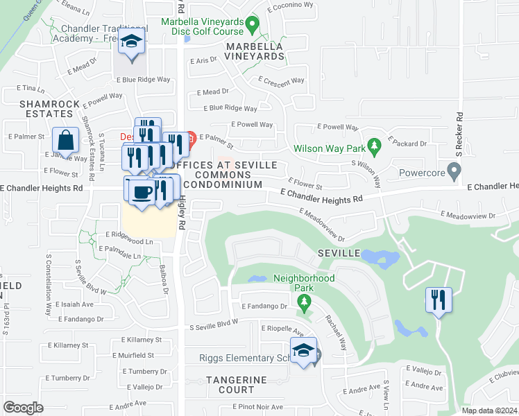 map of restaurants, bars, coffee shops, grocery stores, and more near 3423 East Meadowview Court in Gilbert