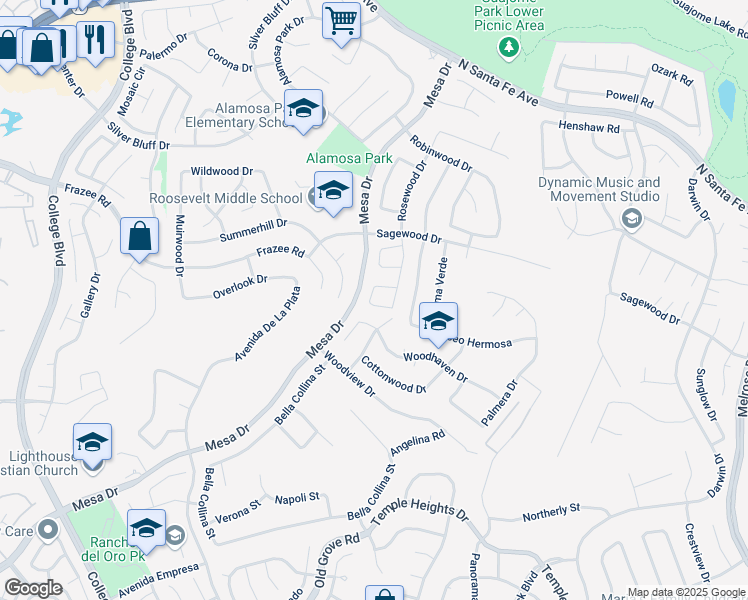 map of restaurants, bars, coffee shops, grocery stores, and more near 5115 Maplewood Circle in Oceanside