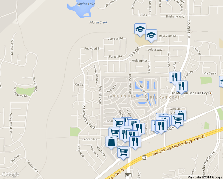 map of restaurants, bars, coffee shops, grocery stores, and more near Alcala Drive in Oceanside
