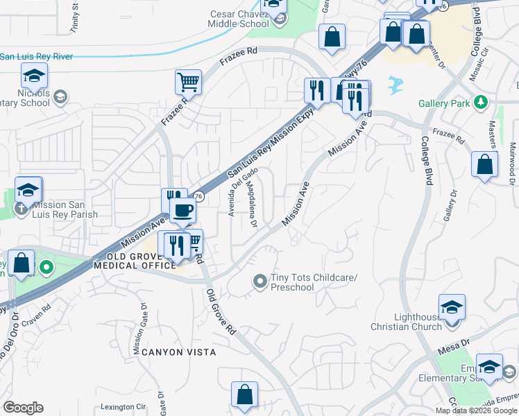 map of restaurants, bars, coffee shops, grocery stores, and more near 129 Francesca Drive in Oceanside