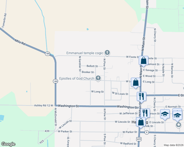 map of restaurants, bars, coffee shops, grocery stores, and more near 605 Booker Street in Hamburg