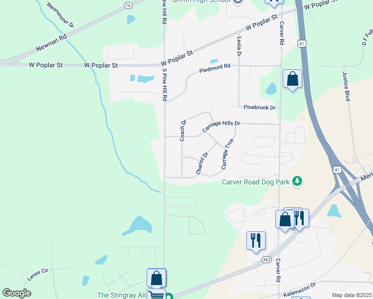 map of restaurants, bars, coffee shops, grocery stores, and more near 132 Coach Drive in Griffin