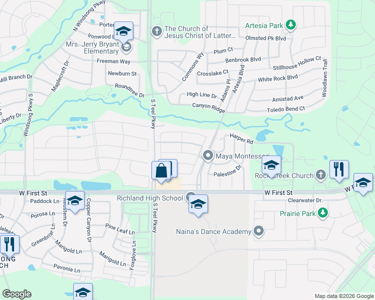 map of restaurants, bars, coffee shops, grocery stores, and more near 16001 Placid Trail in Prosper