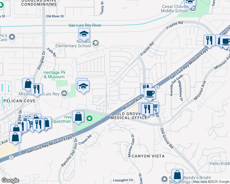 map of restaurants, bars, coffee shops, grocery stores, and more near 4301 Deer Creek Way in Oceanside