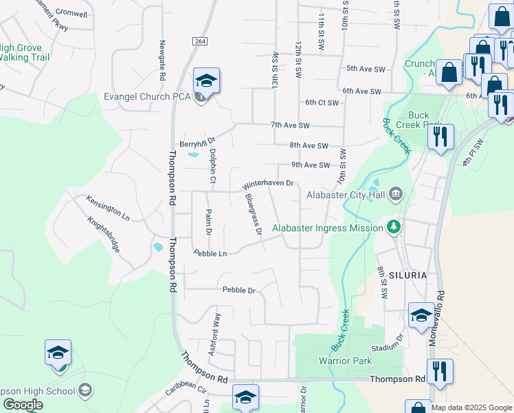 map of restaurants, bars, coffee shops, grocery stores, and more near 116 Bluegrass Drive in Alabaster