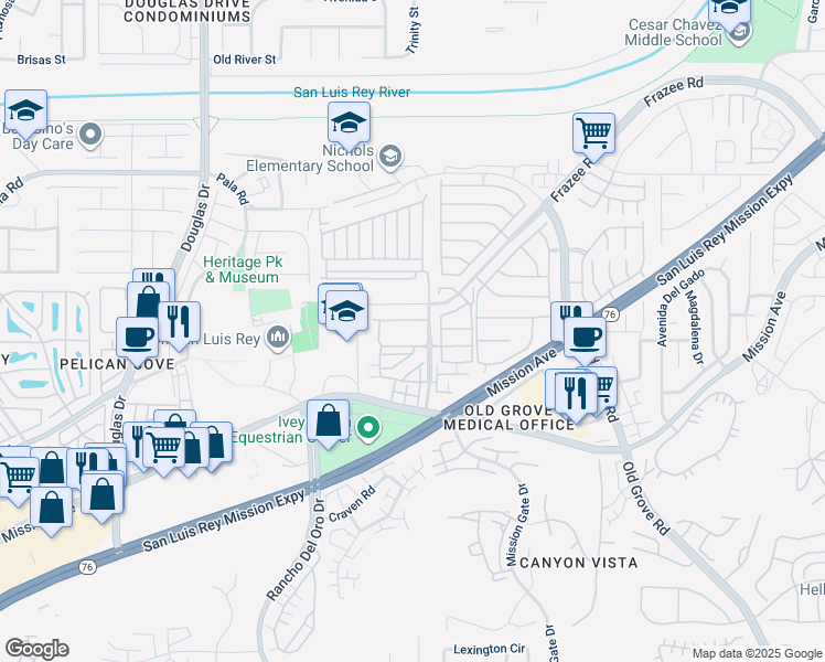 map of restaurants, bars, coffee shops, grocery stores, and more near 4143 Mission Tree Way in Oceanside