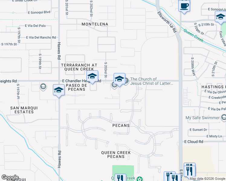 map of restaurants, bars, coffee shops, grocery stores, and more near 23636 South 204th Street in Queen Creek