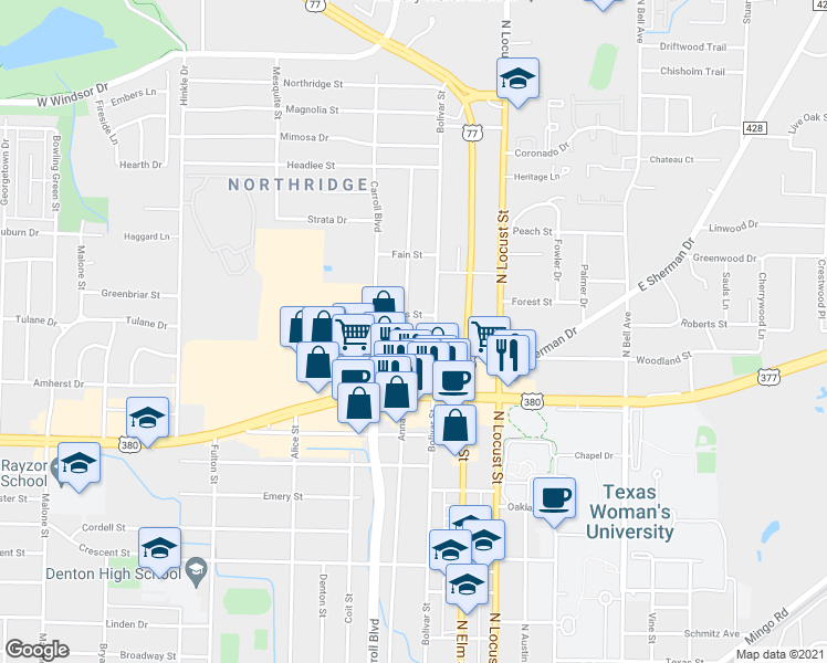 map of restaurants, bars, coffee shops, grocery stores, and more near 2106 Denison Street in Denton