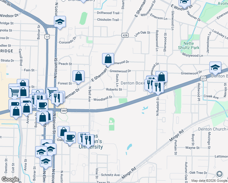 map of restaurants, bars, coffee shops, grocery stores, and more near 705 Woodland Street in Denton