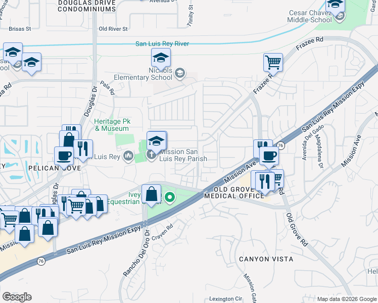 map of restaurants, bars, coffee shops, grocery stores, and more near 4120 Via Del Rey in Oceanside