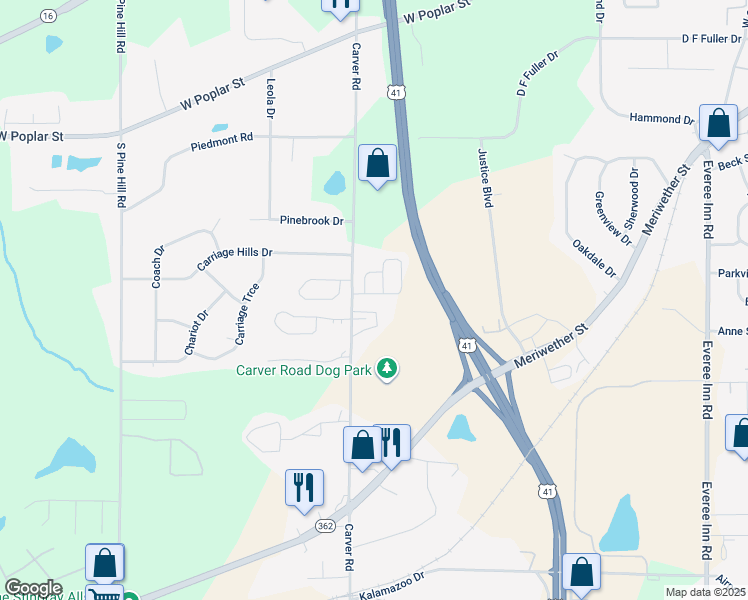 map of restaurants, bars, coffee shops, grocery stores, and more near 600 Carver Road in Griffin