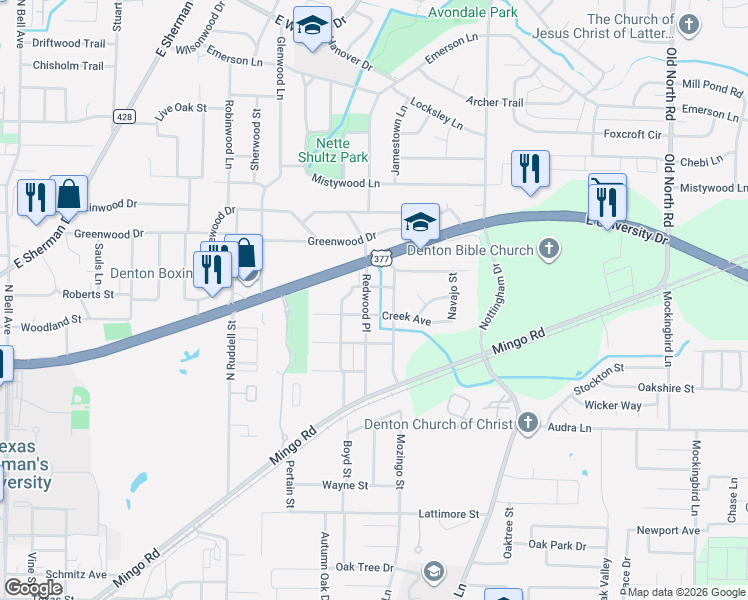map of restaurants, bars, coffee shops, grocery stores, and more near 2000 Redwood Place in Denton
