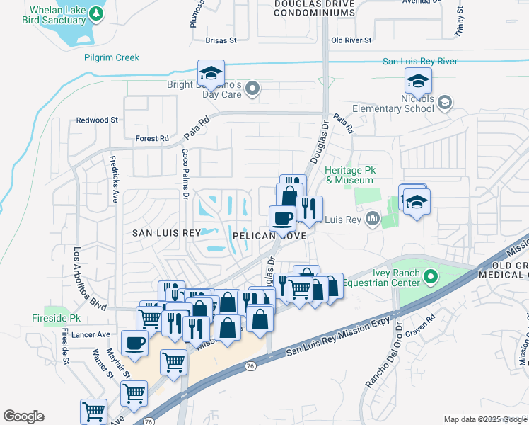 map of restaurants, bars, coffee shops, grocery stores, and more near 283 Douglas Drive in Oceanside