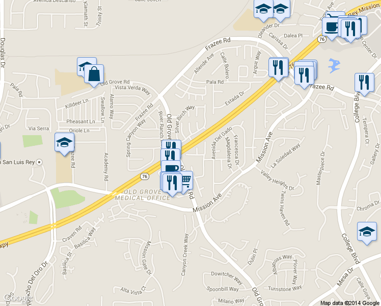map of restaurants, bars, coffee shops, grocery stores, and more near 4324 Manzanita Way in Oceanside