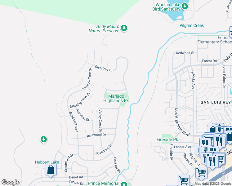 map of restaurants, bars, coffee shops, grocery stores, and more near 3439 Northwood Drive in Oceanside