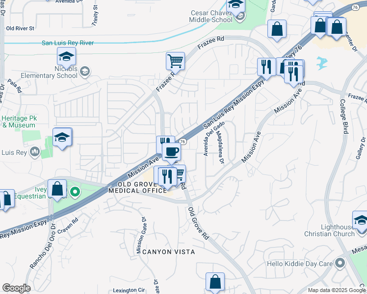 map of restaurants, bars, coffee shops, grocery stores, and more near 4324 Manzanita Way in Oceanside