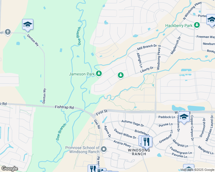map of restaurants, bars, coffee shops, grocery stores, and more near 24846 Fishtrap Road in Aubrey