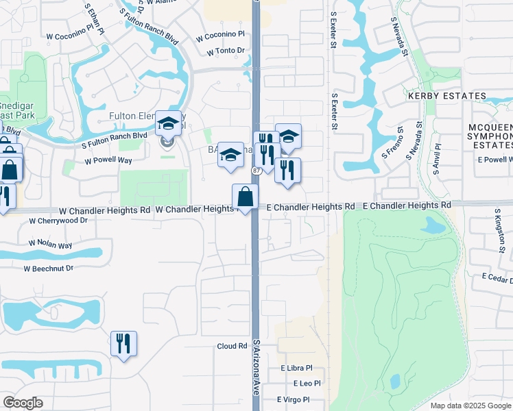 map of restaurants, bars, coffee shops, grocery stores, and more near 5151 South Arizona Avenue in Chandler