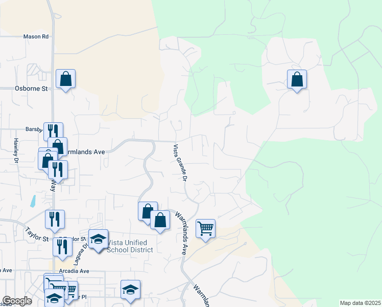 map of restaurants, bars, coffee shops, grocery stores, and more near 2231 Green Hills Way in Vista