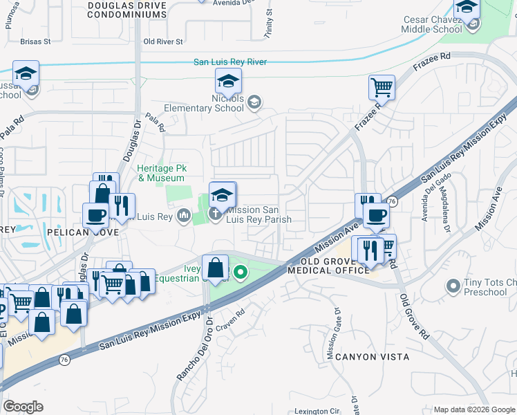 map of restaurants, bars, coffee shops, grocery stores, and more near 4146 Mission Tree Way in Oceanside