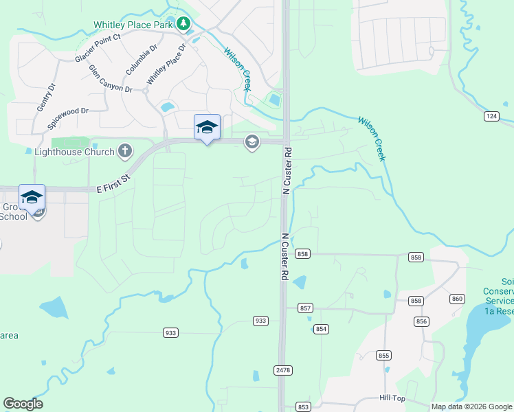 map of restaurants, bars, coffee shops, grocery stores, and more near 3332 North Custer Road in McKinney