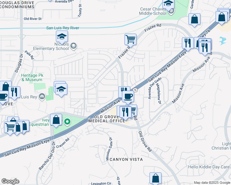 map of restaurants, bars, coffee shops, grocery stores, and more near 4349 Forest Ranch Way in Oceanside
