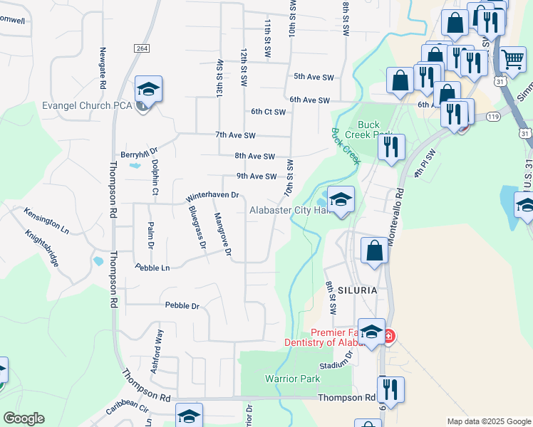 map of restaurants, bars, coffee shops, grocery stores, and more near 914 10th Street Southwest in Alabaster