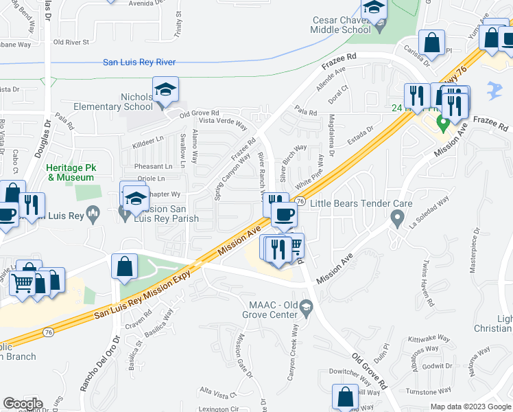 map of restaurants, bars, coffee shops, grocery stores, and more near 4349 Forest Ranch Way in Oceanside