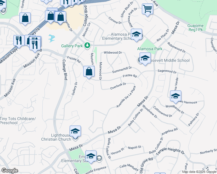 map of restaurants, bars, coffee shops, grocery stores, and more near 4925 Overlook Drive in Oceanside