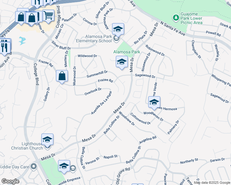 map of restaurants, bars, coffee shops, grocery stores, and more near 5183 Frazee Road in Oceanside
